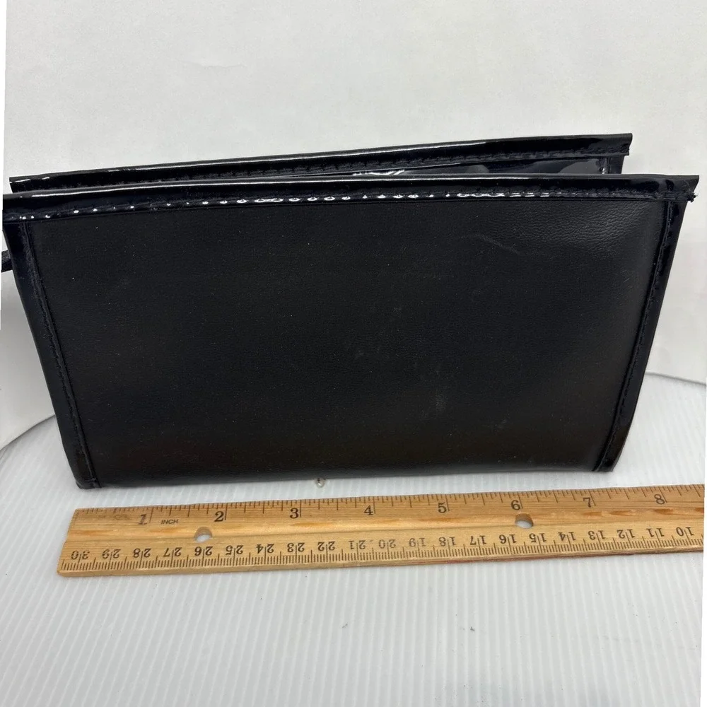 Lancome Black Faux Patent Leather Makeup Bag‎ Gold Logo Zipper Pull Cosmetic Bag